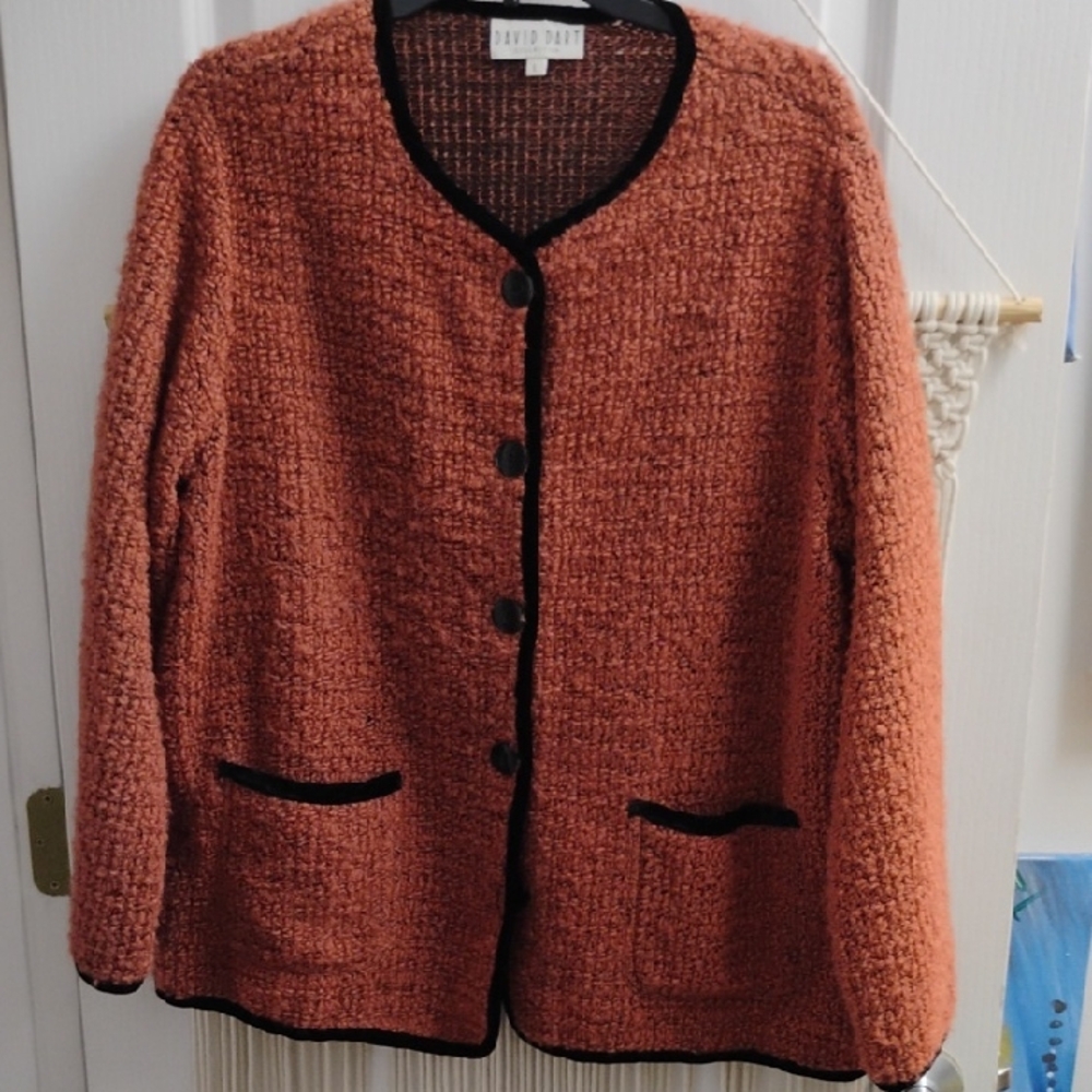 Rust Bouclé Cardigan Sweater with Black Velvet Trim